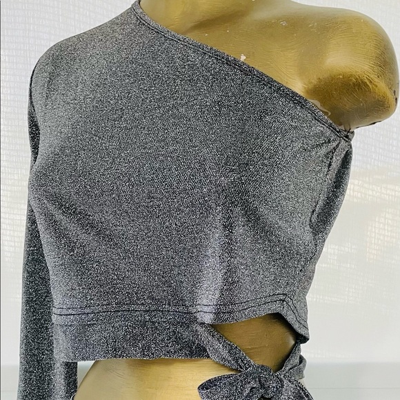 NWT Perfect Holiday TOP! Silver Shimmer UNI SLEEVE With TIES at SIDE Large - Picture 4 of 12